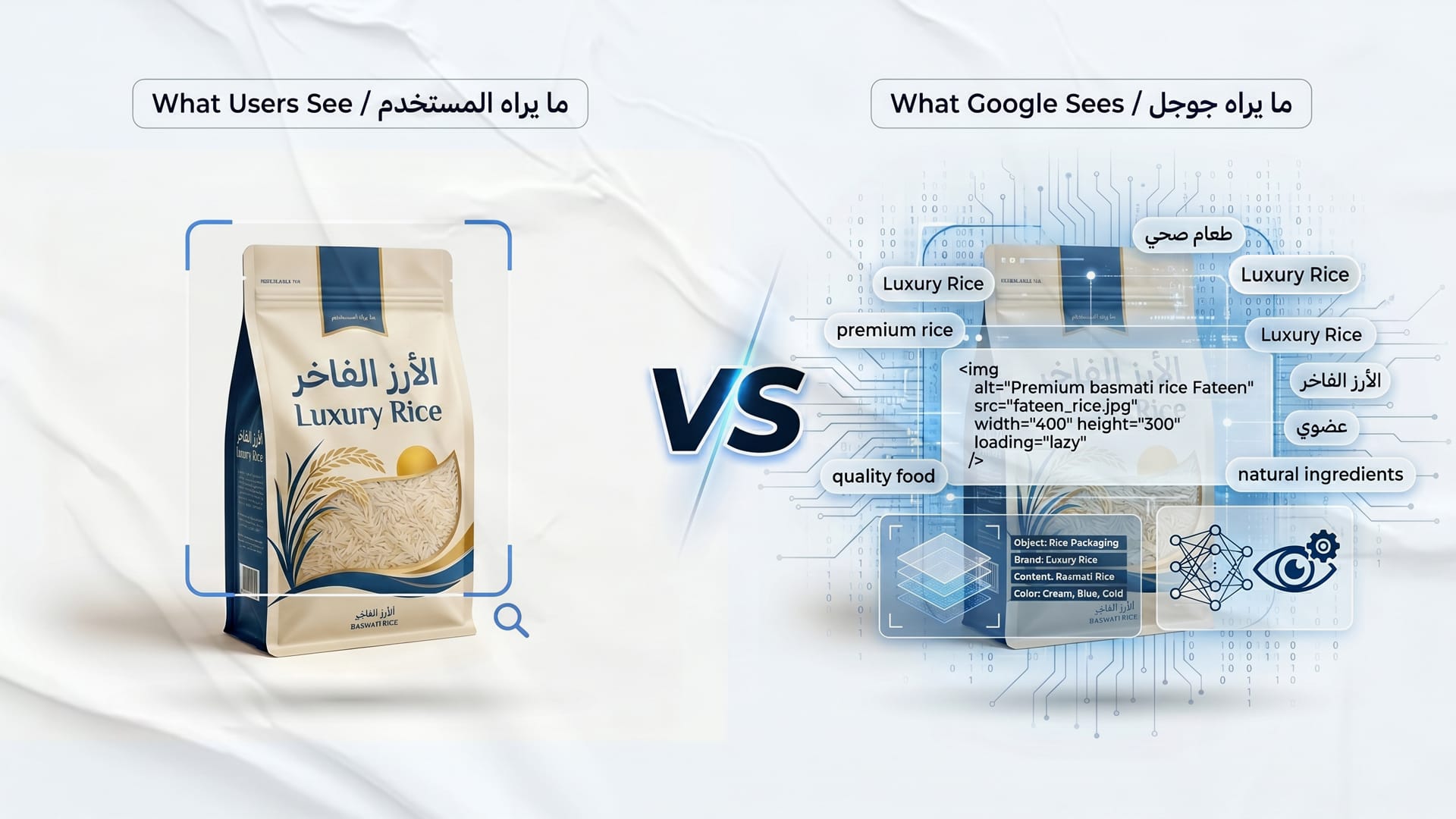 مقارنة تشرح الفرق بين ما يراه المستخدم (صورة المنتج) وما يراه جوجل (كود الـ Alt Text والكلمة المفتاحية) في هيئة 