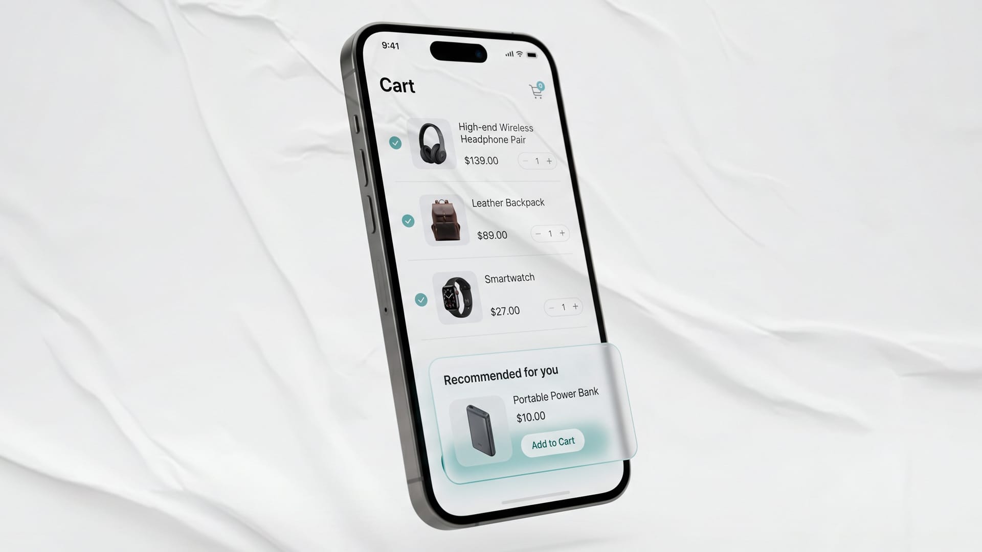 واجهة موبايل لمتجر إلكتروني تظهر صفحة "سلة المشتريات" وبأسفلها قسم بسيط "مقترحات لك" به منتج واحد مكمل.