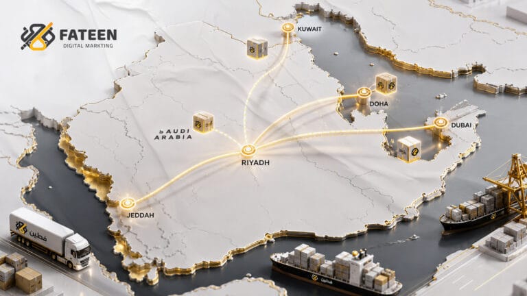 التسويق العابر للحدود: دليل التوسع بالمتجر السعودي في الخليج 2026 3 خريطة للخليج العربي تخرج منها خطوط شحن من الرياض وجدة إلى دبي والكويت والدوحة، مع أيقونات طرود وشعار "فطين".