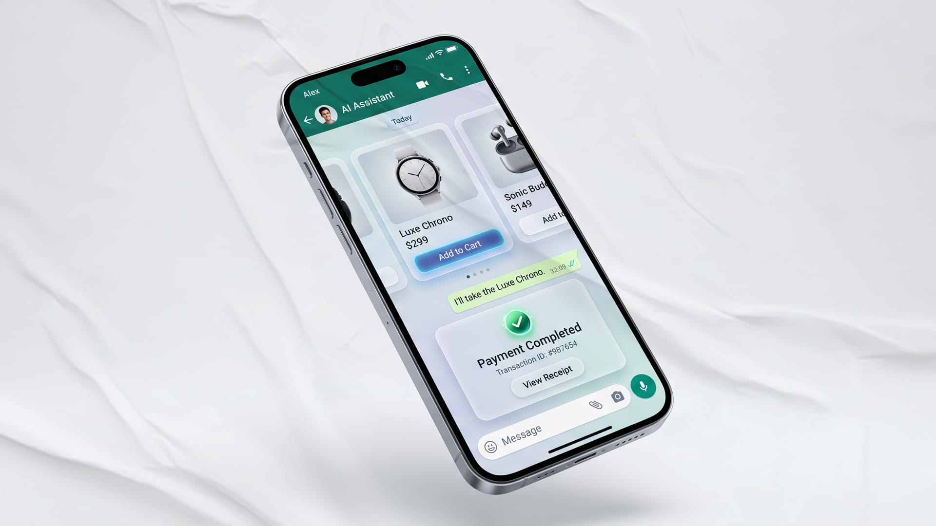 شاشة محادثة واتساب يظهر فيها "بوت" يعرض قائمة منتجات (Catalog) والعميل يختار منتجاً ويتم الدفع داخل الشات.
