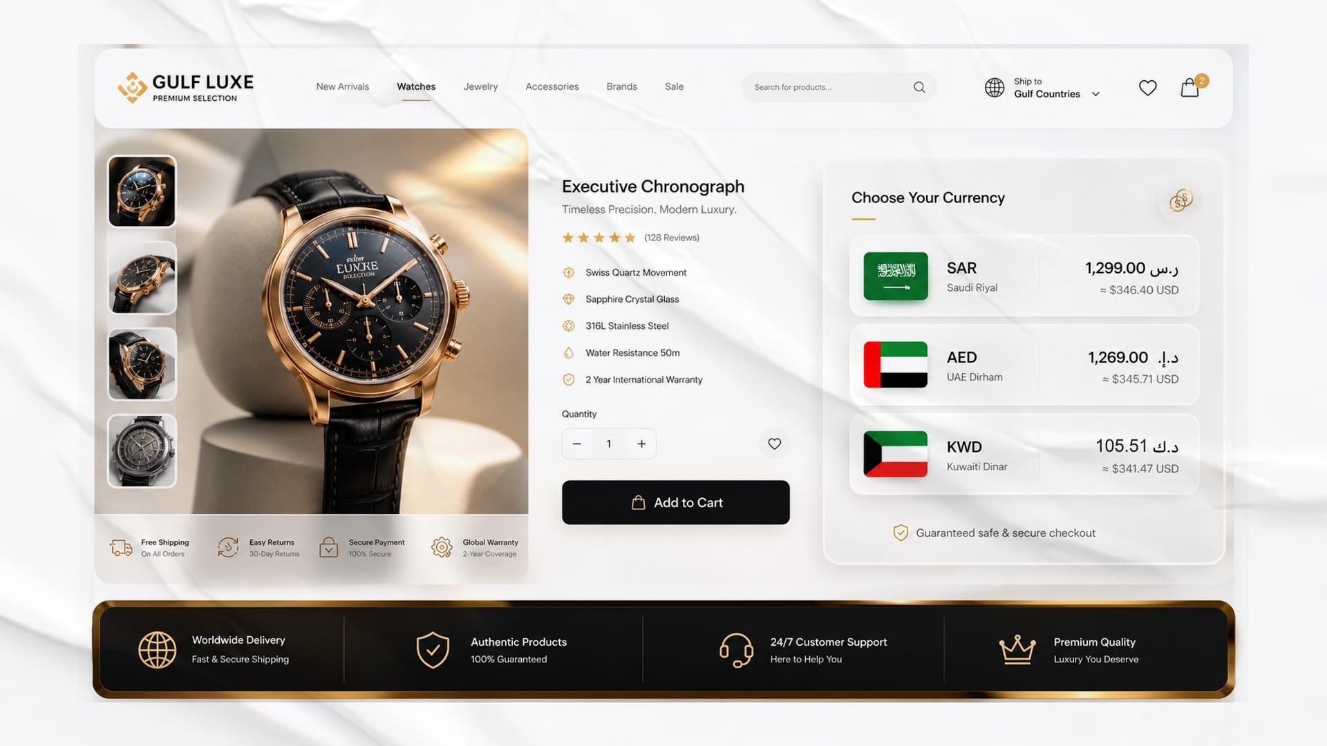 واجهة متجر تعرض سعر منتج بـ 3 عملات مختلفة (ريال سعودي، درهم إماراتي، دينار كويتي) مع أعلام الدول.