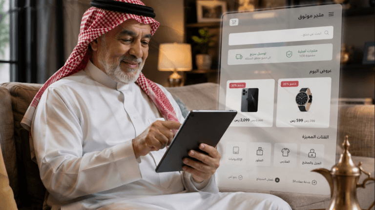 صورة الغلاف مشهد واقعي معبر لمستهلك سعودي كبير في السن يتصفح منصة تجارة إلكترونية باهتمام وثقة على جهاز لوحي copy