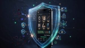 صورة الغلاف تصميم بسيط وواضح يعبر عن درع حماية رقمي يحيط بمتجر إلكتروني على شاشة الهاتف