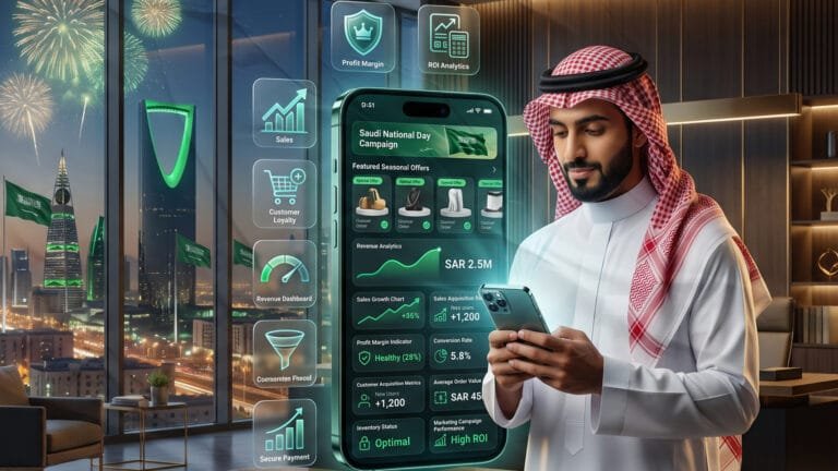 عروض اليوم الوطني: كيف تضاعف مبيعاتك دون حرق الأرباح؟ 3 -تصميم-بصري-احترافي-يعبر-عن-احتفالات-اليوم-الوطني-السعودي-مع-مؤشرات-نمو-مبيعات-متجر-إلكتروني-عبر-الهاتف