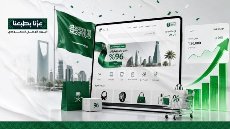 صورة الغلاف تصميم احترافي يدمج بين هوية اليوم الوطني السعودي 96 (عناصر باللون الأخضر والأبيض)