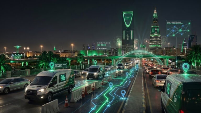 صورة الغلاف تصميم مبتكر يوضح سيارات توزيع شحنات ومناديب توصيل تتجاوز عقبات الطرق في موسم احتفالي، مع تداخل مؤشرات تتبع رقمية