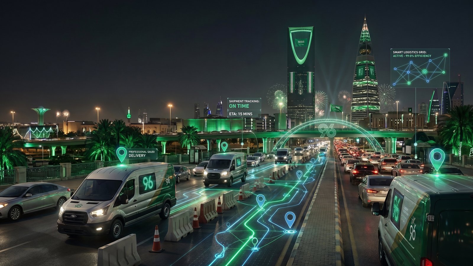 زحمة اليوم الوطني 96: كيف تتفادى أزمة تأخير التوصيل؟ 1 صورة الغلاف تصميم مبتكر يوضح سيارات توزيع شحنات ومناديب توصيل تتجاوز عقبات الطرق في موسم احتفالي، مع تداخل مؤشرات تتبع رقمية