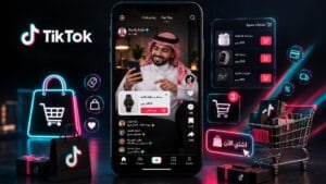 صورة الغلاف تصميم يجمع بين واجهة منصة تيك توك وعناصر التسوق الإلكتروني (عربة تسوق وأيقونات شراء)