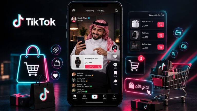 صورة الغلاف تصميم يجمع بين واجهة منصة تيك توك وعناصر التسوق الإلكتروني (عربة تسوق وأيقونات شراء)
